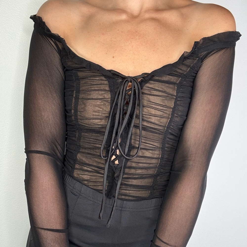 MAJORELLE Elegant Black Sheer Lace-Up bodysuit size xs NWT